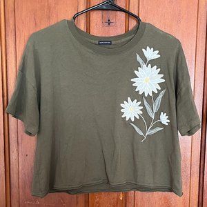 Abercrombie Boxy Crop Tee, Olive Green, Embroidered Daisies, S